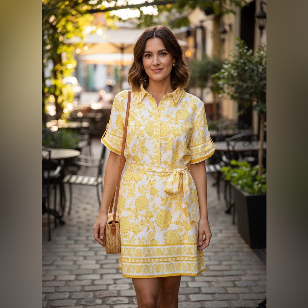 Alex Marie New Yellow Floral Mini Dress Size14 Ramie/Viscose